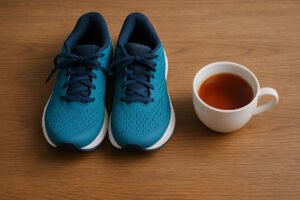 A picture of some running shoes and a cup of tea