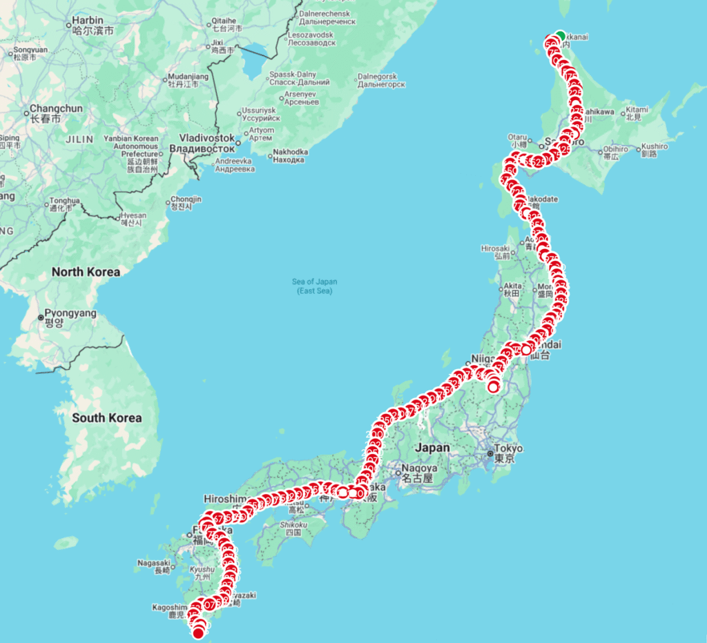 A map of the route through Japan, as plotted by ChatGPT