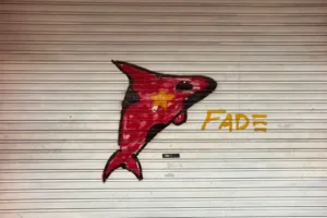 Graffiti of a red shark with the Vietnamese star in the centre.