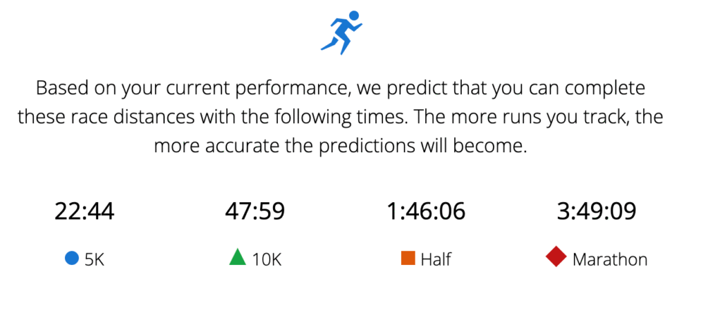 An image showing the times and paces (as listed below) that Garmin predicts I will run.
